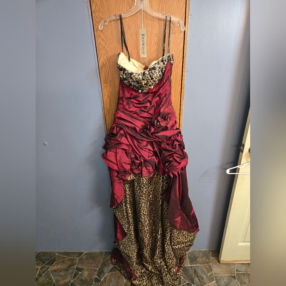 Tony Bowls Burgundy and Gold High-Low Evening Dress